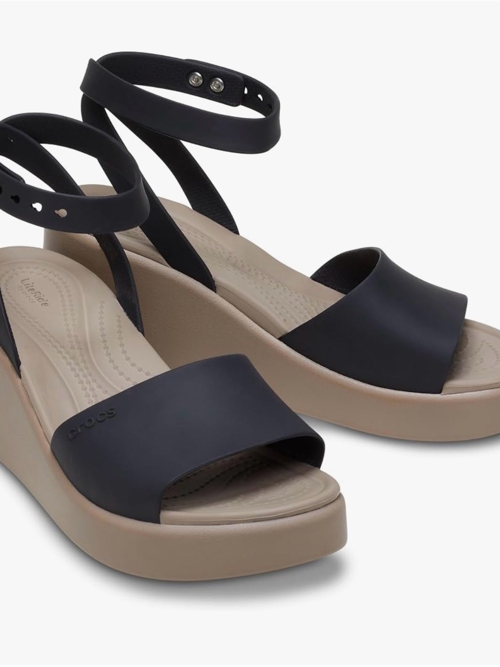 CROCS Black and Tan Ankle-Strap Wedge Sandals